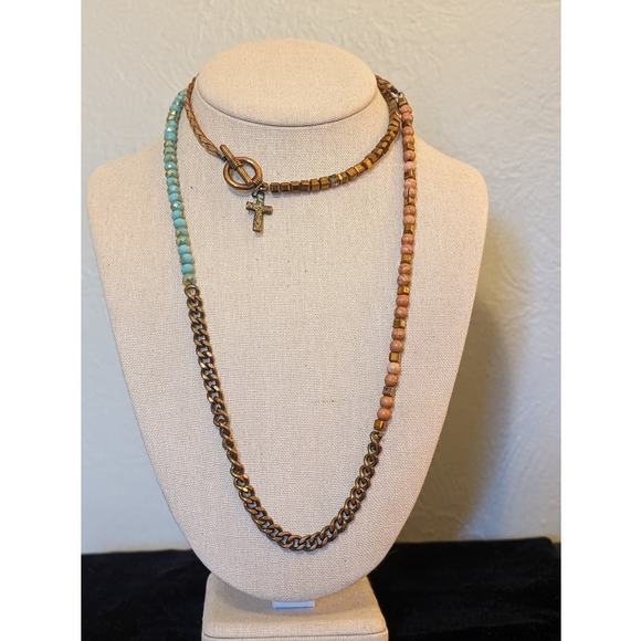 Turquoise Bead, Bronze, Copper, Braided Cord, Toggle Clasp Cross Charm Necklace - Picture 7 of 12